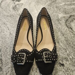 Prada Black Studded Suede Buckle Pumps-Size 36